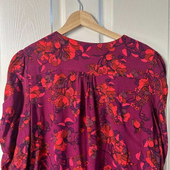 Maeve by Anthropologie Jourdain Runa Floral Blouse SZM Pink Multi Ruched Arm - Picture 6 of 10